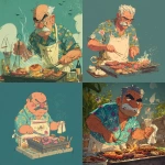 **grumpy Portuguese mustachio'd old man grilling delicious barbecue assorted meats, sausages and chicken over hot coals, wiping the sweat off his brow with tiny towel, with tanabata-inspired print shirt** - <@538878031226470440> (relaxed)