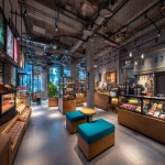 **A lululemon shop inside a department store, designed in the style of Taiwanese night-market food stalls, selling refined snacks such as candied fruit (tanghulu), bubble milk tea, and egg cakes. The center of the shop features an open seating area, while the surrounding perimeter consists of fixed, non-movable stall-style counters dedicated to different snacks. The overall atmosphere draws inspiration from the aesthetic of New York’s Chelsea Market. ultra-realistic, 8k, highly detailed. --ar 16:9** - Image #4 <@1037124382050492508>