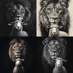 **photo realism. Black and grey design. Male lion posing with a sheep. Sheep is standing in front of lion with lion head towering over. Both animals looking at camera. Clean lines, clean shading. --v 6.1** - <@651578269954736176> (fast)