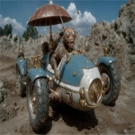**alien funky dynamic vehicle with a bizarre metalic rusty parasol, racing on high speed on the moon's surface --ar 16:9 --p 6k624r2 --s 1000 --v 7.0** - Image #3 <@1071437900610293863>