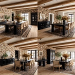 **A photo of a black large rectangle dining table in a bright and airy traditional modern dining room, wallpaper featuring vibrant earthy brown florals, natural oak ceiling beams, natural oak flooring, black console table, beige chairs, black tall cabinet in a corner, black rug, oak ceiling beams. Soft lighting illuminates the scene, highlighting details like gold accents or decorative items placed atop the tables. The photo was taken at eye level using Canon EOS R5 camera with standard lens, focusing on details and decor. --ar 4:5 --raw --v 7.0** - Variations (Strong) by <@1230559318680670299> (fast)
