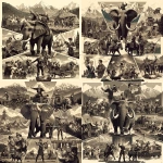 **monochrome multipanel horror elements, professor Hannibal, crossing the alps on circus elephants, Bronze Age adventurers cook dungeon monsters amid political intrigue awakening primordial titan, black knight with sword and leged marmaid with echo gun --niji 7** - Variations (Strong) by <@917327632763322368> (relaxed)