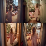 **a candid iPhone snapshot of Christmas night, inside a modest ordinary family home. a 4-year-old blonde girl with a thin long red ribbon in her hair, seen from behind, wearing a light pink nightdress. her right hand is holding the door handle, opening the door, while her left hand holds a pillow dragging on the floor. she looks as if she just discovered the presents. in the living room stands a simple Christmas tree with warm lights, and many gifts wrapped in plain solid-colored paper underneath. cozy but realistic indoor lighting, natural everyday atmosphere, slightly brighter colors, clear focus, no vignette --ar 5:4 --v 7.0** - <@1367827750236454982> (fast)