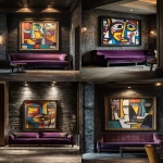 **a large, framed portrait in the style of picasso is hanging on the wall of an elegant hotel lobby with dark brick walls and modern furniture. the painting features bold colors and geometric shapes that capture attention in its depiction of human faces. a purple velvet sofa sits beneath it, adding warmth to the room's cool ambiance. soft lighting illuminates the artwork from above, creating gentle shadows around its edges. this scene captures a moment where art meets luxury interior design. --ar 9:16** - <@1313000520759377972> (fast)