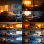 **Three-panel comparison photograph showing same cozy bedroom, left panel with warm 2700K lighting creating intimate amber glow, center panel with neutral 4000K showing balanced light, right panel with cool 5000K creating alert blue-white light --ar 1:2** - <@794327127260266516> (fast)