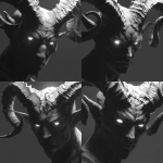 **Design a greyscale hyperrealism, shadow figure with glowing white eyes and horns --v 7.0** - Variations (Strong) by <@1116424656908464158> (fast)