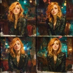 **a painted portait of a young woman with strawberry blonde hair. She is smart and witty but naive. She is wearing an expensive designer leather jacket. The background is of a club or bar.** - Variations (Strong) by <@705576913632100503> (fast)