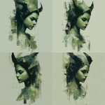 **green toned, painterly realism style, female demon, with small horns, slightly angled, vertically elongated design, bottom ends abstract --v 7.0** - Variations (Strong) by <@1116424656908464158> (fast)