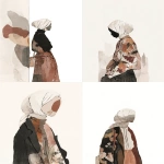 **a faceless muslim woman wears hijab standing stylishly behind wall, only half body (vertical) appeared, staring to the front with mysterious elegant look, editorial chic, bold flat colors, color blocking style, minimal facial detail, 2D matisse illustration,woodblock grain print, Kodomo no kuni, ukiyo-e mixed with fauvism, earthy colour palette, vintage fine art aesthetic --v 7.0 --ar 3:4 --sref <https://s.mj.run/vxkhH_1Ci9g>** - <@1101506216070479952> (fast)
-# Create, explore, and organize on [midjourney.com](<https://midjourney.com/imagine?from_discord=1>)