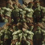 **Realistic 3d rendering. Full body portrait of two characters. ruggedly handsome, Hyper muscular handsome twin green skinned orcs, bright silver eyes, short curly redred hair, short pointed ears, defined muscles, pronounced features, hyper muscular, wide Grecian nose, strong square jaw, defined cheek bones, masculine features, freckles. Bodybuilder. wearing a tight short leather skirt. His oiled skin glistens under intense studio lighting. A strong camera flash highlights the shine on his muscles, creating bright reflections on his body, arms, and thighs. Retro fitness photography style, slightly exaggerated lighting contrast, 90s magazine aesthetic, center-framed, studio portrait shot. Standing and posing in a sunny rocky field. --ar 5:6 --v 7.0** - Variations (Strong) by <@1222981214734913607> (relaxed)