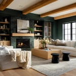 **editorial photo of a cozy moody living room with white glossy globe pendant light, ribbed glass-fronted and oak ribbed shaker cabinetry with brass sleek cylindrical handles, an exotic forest green granite fireplace with bold veins, white modern sofa and accent chairs, large ribbed oak coffee table, beige knitted throw blankets and throw pillows, black ribbed round end tables, Natural oak plank flooring with a traditional light green rug, oak ceiling beams. ARRIFLEX 35 BL camera, high definition quality, Canon K35 Prime Lens, bright and airy --raw --ar 4:5 --v 7.0** - Image #2 <@1230559318680670299>