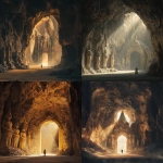 **A mysterious ancient cave, with statues carved on the walls and an arched gate at its end. A person stands in front of it, with sunlight shining through from above, creating beautiful light effects. The overall color tone is dark brown, adding to the mystery of the scene. High-definition photography style, with clear details and textures. --ar 13:16** - <@264129597782753313> (fast)