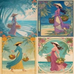**A vibrant Art Nouveau poster of a Vietnamese woman in traditional , walking along the beach with fruit baskets and wearing a conical hat. The background features palm trees, a blue sea, sky, and tropical fruits. Inspired in the style of Alphonse Mucha, with soft lines and a dreamy atmosphere. --ar 4:5** - <@1087659452318093385> (fast)