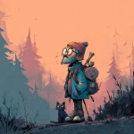 **<https://s.mj.run/RTecCqauTFQ> Reimagine this clean cartoon illustration in a painterly, atmospheric style. Use muted earthy tones blended with halloween colored pastels, textured brush strokes, and hazy gradients in the sky. Hiking through the forest with his cat. In the Pacific Northwest near the mountains during blue hour. Apply loose, expressive linework with subtle shading, crosshatching, and worn textures. Add depth and warmth through cinematic lighting and moody color grading. Expressions should remain exaggerated yet nuanced, balancing humor and melancholy within an atmospheric, storybook-like setting. Color Palette: 20% pastel periwinkle 40% pastel cotton candy 20% pastel sekura pink 10% pastel celadon 10% pastel black** - Image #2 <@757787837981786134>