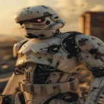 **Photorealistic cinematic portrait of anImperial Stormtrooper T-800 cyborg**. The iconic white armor is heavily damaged, with large sections of plasteel plating missing from the torso, arms, and head,exposing a polished chrome endoskeleton** with visible mechanical pistons underneath. One glowing red cybernetic eye stares from the broken helmet. Standing in a ruined city at sunset. Golden hour, dramatic long shadows, volumetric light, atmospheric haze. --ar 9:16 --v 6.0 --raw** - Image #1 <@692146423638261810>