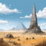 **a dnd drawing. a desert with crumbling pyramid and a giant tower.** - Image #1 <@694292659686342656>