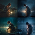 **young woman kneeling beside a glowing lake at night, shoulder-length hair falling forward, soft copper-brown highlights catching ethereal light, wearing a sleeveless flowing dress with thin straps, fabric damp at the hem, hands reaching toward the water’s shimmering surface, bright mystical light rising from the reflection, fireflies drifting around her, cinematic lighting, high contrast, soft atmospheric fog, enchanted forest ambiance, hyper-detailed, photorealistic, dreamy fantasy mood, 8k, volumetric light, deep blues and silver tones** - <@876267919003238460> (fast)