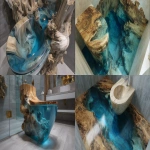 **Surrealism vision, Driftwood root resin blue transparent epoxy resin, new style in bathroom, great stone toilet , HD, super realism, photo quality, --ar 16:9** - <@1164377807414116392> (fast)