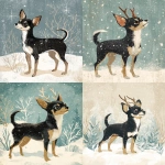 **A black tan and white Chihuahua (from the reference image) illustrated in a retro mid-century Christmas style, depicted as a young reindeer with antlers in a snowy winter scene. Soft vintage textures, hand-painted look, nostalgic holiday aesthetic, classic 1950s Christmas card illustration style --ar 4:5 --v 7.0** - <@776899577458589780> (fast)