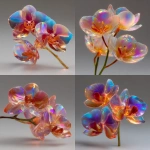 **photograph and ultra high resolution photograph of a stem of orchid blooms. Use a delicate and transparent liquid glass sculpture and texture. Keep its shape and silhouette recognizable with no deformation or twists. Ensure the orchids are designed with a glass like appearance that is pristine, strong, iridescent and reflective and crystal clear. Use vivid rainbow flares and refractions of light that catch the eye at the edges and curves. The glas surface should be uniform and have a light and neutral gray tone. Ensure soft edged light is used and a simple white background can be distinguished behind --ar 4:5 --raw --stylize 600 --c 18** - <@1083674863752978512> (fast)
-# Create, explore, and organize on [midjourney.com](<https://midjourney.com/imagine?from_discord=1>)