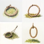 **A loop of rope that leads out of site sits on sparse grass on a white background. Watercolor, fading into white. Simple, vibrant colors.** - <@201527347642499072> (fast)