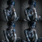 **fantasy concept character, there is a hole in her chest and you can see her heart and inside of her chest there are spiderwebs, she looks sad, she has short black hair with blue strikes, wearing rags and gladiator heels --v 7.0** - Variations (Subtle) by <@450898678975168513> (fast)
