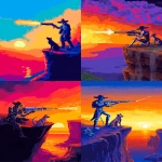 **a man firing a futuristic rifle down the edge of a cliff, his hand is metallic, he has a broad brimmed hat, a dramatically colorful sunset is on his right side, his dog is sitting next to him, 8bit color, retro video game resolution --ar 5:7 --stylize 0 --raw** - <@481618854582157330> (fast)