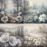 **A quiet dawn landscape creamy whites and soft beige dominate, with blurred edges in the sky. A villa rests softly framed by tall trees. Large cream blossoms with flowing petals fill the foreground, arching toward the viewer. A whisper of indigo deepens shaded folds and shadows. Resting place in foggy meadow. Strong value structure ensures clarity in grayscale, painterly brushwork shifting between soft haze and crisp petal highlights. --v 6.0** - <@1110395229338615829> (fast)