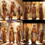 **A 3-view character turnaround of a cute anthropomorphic cartoon beaver, shown in front view, side view, and back view, with fluffy and soft fur, rich texture, big expressive eyes, a wide smile with visible teeth, rounded body, short limbs, and a large flat tail in the back view, warm and gentle lighting, consistent proportions, beige background with horizontal guide lines, clean and high-resolution illustration --v 6.0 --ar 16:9 --sref <https://s.mj.run/SdG-GUEyRSw> --sw 100** - <@568812885007007745> (fast)