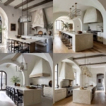 **stucco hood with paint grade shaker style with taj mahal countertops with a statement linear chandelier. modern mediterranean style like joseph dirand** - <@1109893973255934002> (fast)