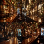 **a traditional Irish pub decorated for Christmas, viewed from the perspective of a customer sitting at the bar, hyper-realistic warm interior, close comfortable view of the wooden bar counter, polished dark wood, soft reflections from fairy lights, classic Guinness taps in front of the viewer, shelves packed with bottles and vintage pub décor rising behind the bar, evergreen garlands woven with holly, red and gold baubles hanging overhead, dense warm twinkling lights, festive clutter, cozy rustic textures, frosted window glowing softly in the background, cinematic warm amber lighting, extremely detailed and photorealistic, static camera, perfectly still scene ideal for seamless looping --ar 16:9 --no people --chaos 10 --raw** - <@1037124382050492508> (fast)