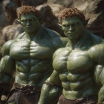 **Realistic 3d rendering. Full body portrait of two characters. ruggedly handsome, Hyper muscular handsome twin green skinned orcs, bright silver eyes, short curly redred hair, short pointed ears, defined muscles, pronounced features, hyper muscular, wide Grecian nose, strong square jaw, defined cheek bones, masculine features, freckles. Bodybuilder. wearing a tight short leather skirt. His oiled skin glistens under intense studio lighting. A strong camera flash highlights the shine on his muscles, creating bright reflections on his body, arms, and thighs. Retro fitness photography style, slightly exaggerated lighting contrast, 90s magazine aesthetic, center-framed, studio portrait shot. Standing and posing in a sunny rocky field. --ar 5:6** - Image #2 <@1222981214734913607>