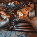 **ancient fortress grand stairway, twisted tree roots on ceiling with elegant stone floors, tree roots stair banister railing, paintings on walls, sunset lighting, 8k detail, shot on a Sony Alpha a7 III camera, tree roots and ceiling --v 6.1 --ar 9:16** - Upscaled (Subtle) by <@941416877790486558> (fast, stealth)