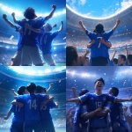 **Young Japanese male soccer player celebrating after scoring, plain solid blue jersey with no logos or brands, only a white back number, hugging teammates, modern stadium full of cheering fans, bright lights, sweat and determination on faces, cinematic atmosphere, realistic style, wide shot, no goalposts --niji 6** - <@1212945075831836692> (relaxed)
