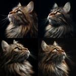 **This image shows a majestic close-up portrait of a cat with striking details. The cat has long, thick fur, especially around its neck, giving it a lion-like mane. Its coat is a mix of brown and gray tones with black stripes. The lighting emphasizes the cat’s sharp whiskers, soft fur, and focused gaze as it looks upward, creating a dramatic and elegant atmosphere against the dark background.** - <@1104872367878049962> (fast)
-# Create, explore, and organize on [midjourney.com](<https://midjourney.com/imagine?from_discord=1>)