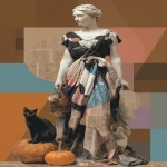 **A collage of an ancient Greek statue wearing modern Halloween fashion, standing in the Egyptian Museum in The Valley of Rosicrucian. She wears a black, white, pink, blue and grey patterned dress in the style of Gucci and her black cat and pumpkin next to it. A mahogany geometric graphic design inspired in the style of Thomas Gainsborough, using newspaper and other midjourney swag materials, flat perspective, muted colours, digital art techniques, mixed media, high resolution. --ar 57:88 --v 7.0 --s 250** - Image #2 <@1007106543935823902>