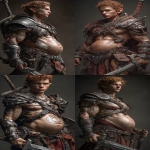 **Realistic 3d rendering. Epic battle scene. pregnant, Hyper muscular young elf with protruding stomach, handsome, tall, square jaw, short curly red hair, bright silver eyes, full bow-shaped bow-shaped, lips, defined muscles, vascular, freckles, pregnant belly, tattoos, square jaw, masculine features, handsome, short curly red hair, hyper oversized muscles, massive muscular arms, massive muscular biceps, massive muscular forearms, massive muscular legs, massive muscular thighs, massive muscular calves, hyper massive muscles, wearing leather armor, huge muscles, handsome, carrying large sword, running into battle. Realistic. --ar 9:16 --v 7.0** - <@1222981214734913607> (fast)