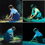 **simple painting of a school girl on her knees gardening, facing front-on, black background, backlit blue and green --v 7.0** - <@696956474584334417> (fast)