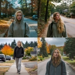 **Blonde woman walking down a sidewalk, lower-middle class neighborhood and forest in the background, she wears a hoodie, fall weather** - <@1014234226171858944> (fast)