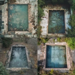 **an abandoned and decrepit outdoor swimming pool viewed from above, partially filled with murkey water** - <@591355794369544195> (fast)