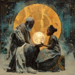 **A futuristic Black elder and child seated in a circle of light, exchanging a glowing orb inscribed with ancient Kemetic glyphs and digital code. Behind them, a mural of resistance and joy--marches, drums, stars, and sacred geometry. Style: Afro-futurist, collage-inspired, bold contrast with soft lighting. Snowflake macrophotography Afrocentric futurism --v 7.0** - Image #1 <@1071135204846096475>