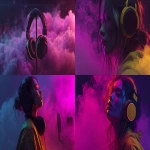 **make a cover, leave space for text on the left, dark smoke and empty purple space on the left, make the left space dark, neon headphones hanging on microphone, black background, purple-yellow style, hyperrealism style, minimalism --ar 7:4 --s 250 --raw** - Remix (Strong) by <@1189578992479633449> (fast)