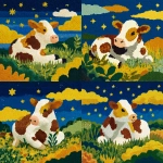 **a cow in the style of knitted art is seen eating grass on an illustration with bold colors and patterns, featuring blue sky and yellow stars. the pattern includes colorful details such as brown dots and white stripes on its fur, which adds to it's playful character. a green patch can be visible at bottom right corner of the scene, indicating that we may see more grass or other elements around. this design would create a whimsical atmosphere for any wallpaper or background use.** - Variations (Strong) by <@1263833281322029154> (fast)