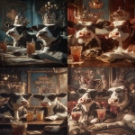 **Ultra HD profile photo of two mafia cows sitting at a table at a bar, wearing crowns with lots of gems on the crown, wearing sunglasses. the two cows are at a party and are holding their arm out with drinks in their hands doing a cheers motion to celebrate. background is decorated with a royal theme. taken with a cannon eos, hyperrealistic, natural lighting --ar 2:3 --raw** - <@1103975769467789322> (relaxed)