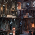 **a suit of platemail armor on a stand in a blacksmith shop with a forge and ore and swords hanging on the wall, D&D art --ar 5:3 --v 7.0** - <@632328592499539989> (fast)