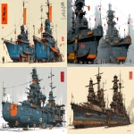 **a dnd style concept art with Ashley Wood details of two feudal japan wooden and old iron nuclear powered battleship docks, Japan Meiji era armada, have different number in the hull, same size but not identical, dark industrial scifi style, labeled as fleet's best boats, white-midnight blue contrast color with orange accents and small hi-viz lime and red hazard markings, mechanical details, Japanese characters graffiti on the hulls, realistic look, moody atmosphere, a little bit foggy, signal towers, various size nobori, various size lanterns, robotic-mechanical arms, have japanese anime mural on the hulls, signal cabbles, on a white background in the style of Studio Ghibli and Makoto Shinkai, cel-shaded, full-body, cartoon, 2D game art --ar 11:5** - <@1043498067623686144> (fast)