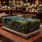 **ancient roman jewelry box with small delicate carved flowers, made from polished green dolomite crystal, on display in an art gallery --ar 16:21 --s 750 --v 7.0** - Image #4 <@1064451214823129168>