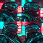 **realistic cyberpunk black female at night in a neon city background, red and turquoise. Strong with light from above, on the face. High contrast. The female is looking towards the camera 3/4 view, she has braids and a side shave, glowing eye cyber gear, glowing ear cyber gear. --ar 9:16 --v 7.0** - Variations (Strong) by <@1174469651695144981> (fast)