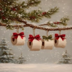 **oil painting, toilet paper rolls hanging from evergreen branches with red and green bows, snow falling in the background, vintage style, rustic farmhouse aesthetic, christmas-themed, soft lighting, neutral tones of beige, cream, and brown. --ar 67:89 --v 7.0** - Upscaled by <@755829658108297216> (fast)