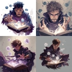 **a d&d character portrait depicting a young man with short brown curly hair, with stubble beard (realy short beard) and eletrical eyes, wearing a dark purple cloak. he is throwing dice into the air from an open book he is holding, and his hands are glowing white as he casts magic. floating d20s surround him, in a fantasy art style painting. --ar 1:1** - <@568579821861339137> (fast)